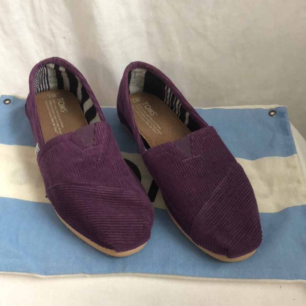 Purple corduroy TOMS slip ons